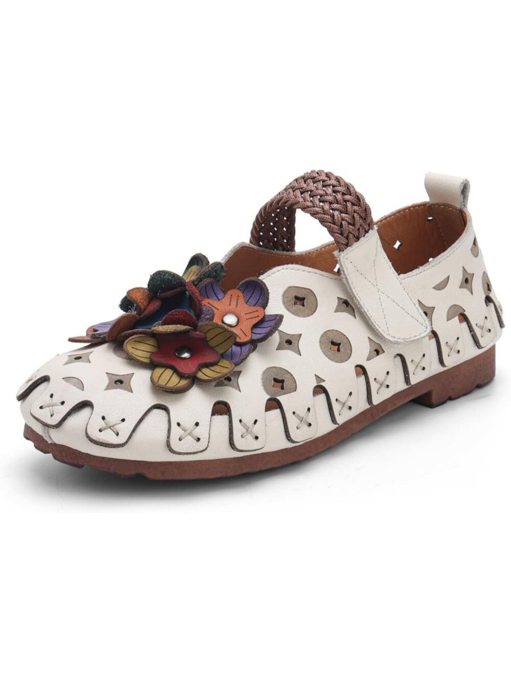 Women's White Leather Floral Woven Breathable Fashion Closed Toe Walking Shoes